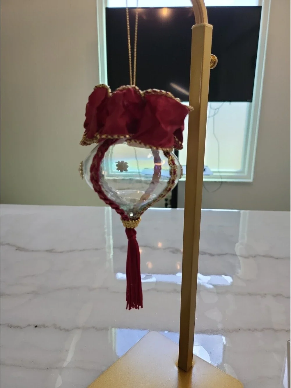 Vtg Glass Handmade Finial Christmas Ornament Glass 6” OOAK Burgundy & Gold